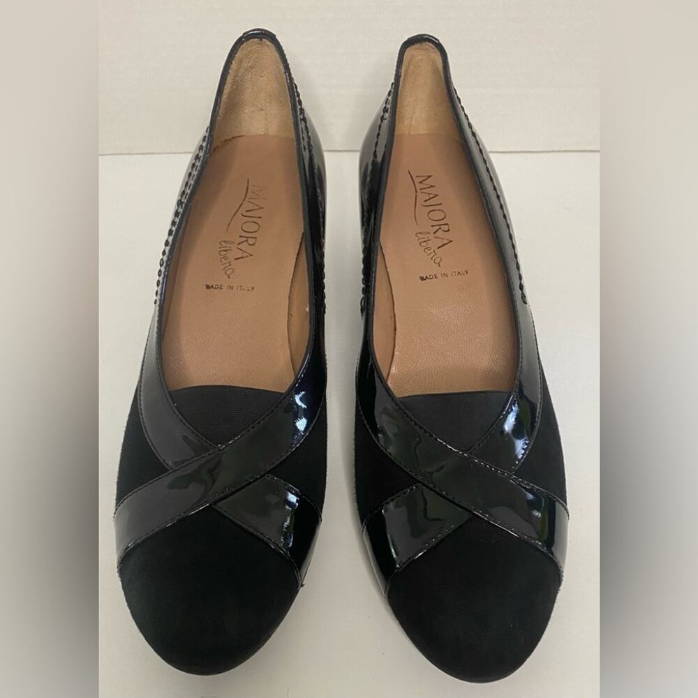 Italian designer wedge black suede with Patent detail and elastic in the front